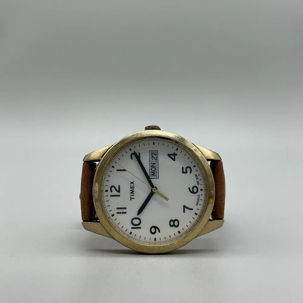 Timex Indiglo Mens Watch 36mm Gold Tone Day Date Brown Leather New Battery
